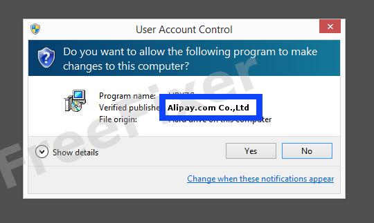 Screenshot where Alipay.com Co.,Ltd appears as the verified publisher in the UAC dialog